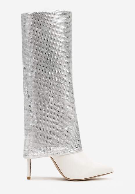 Białe Cyrkoniowe Kozaki na Obcasie Typu Szpilka z Cholewką Imitującą Nogawkę Valentila