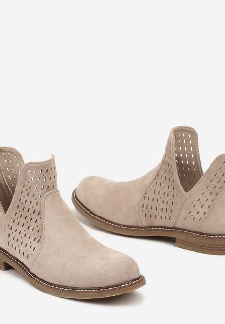 Beżowe Ażurowe Botki w Stylu Sztybletów z Wycięciem z Boku i Skórzaną Wkładką Bralena