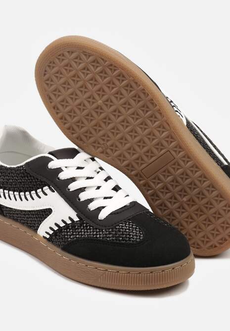 Czarne Sneakersy w Stylu Klasycznych Tenisówek Zdobione Przeszyciami i Tweedem Koriznne