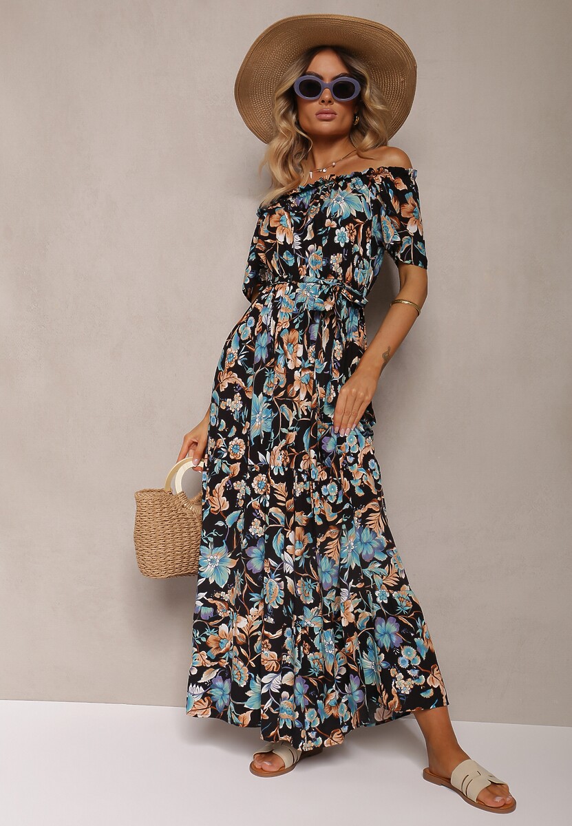 Granatowa Bawełniana Sukienka Hiszpanka Wiązana w Talii w Kwiatowy Wzór Risarrae