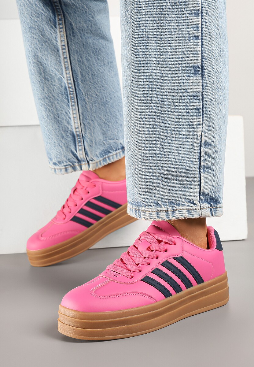 Różowo-Granatowe Sneakersy Kultowe Tenisówki na Grubej Podeszwie z Tłoczeniami Ellimia