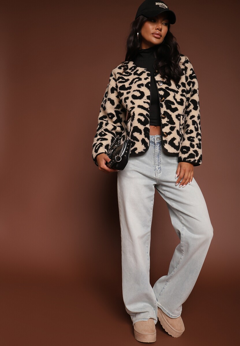 Beżowa Kurtka Futrzana Ozdobiona Kieszeniami Sewiala