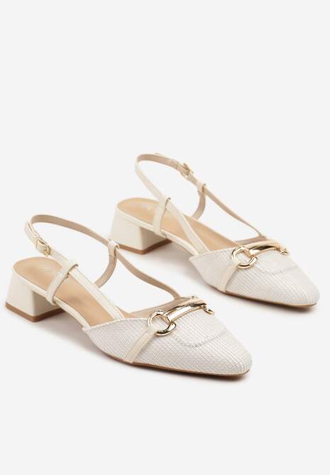 Białe Sandały na Słupkowym Obcasie Zdobione Tweedem i Aplikacją Nilioris