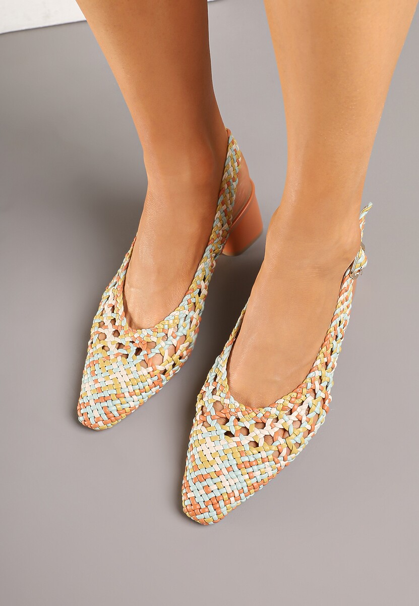 Pomarańczowe Sandały na Słupku Slingback Ozdobione Plecioną Cholewką Linaiana