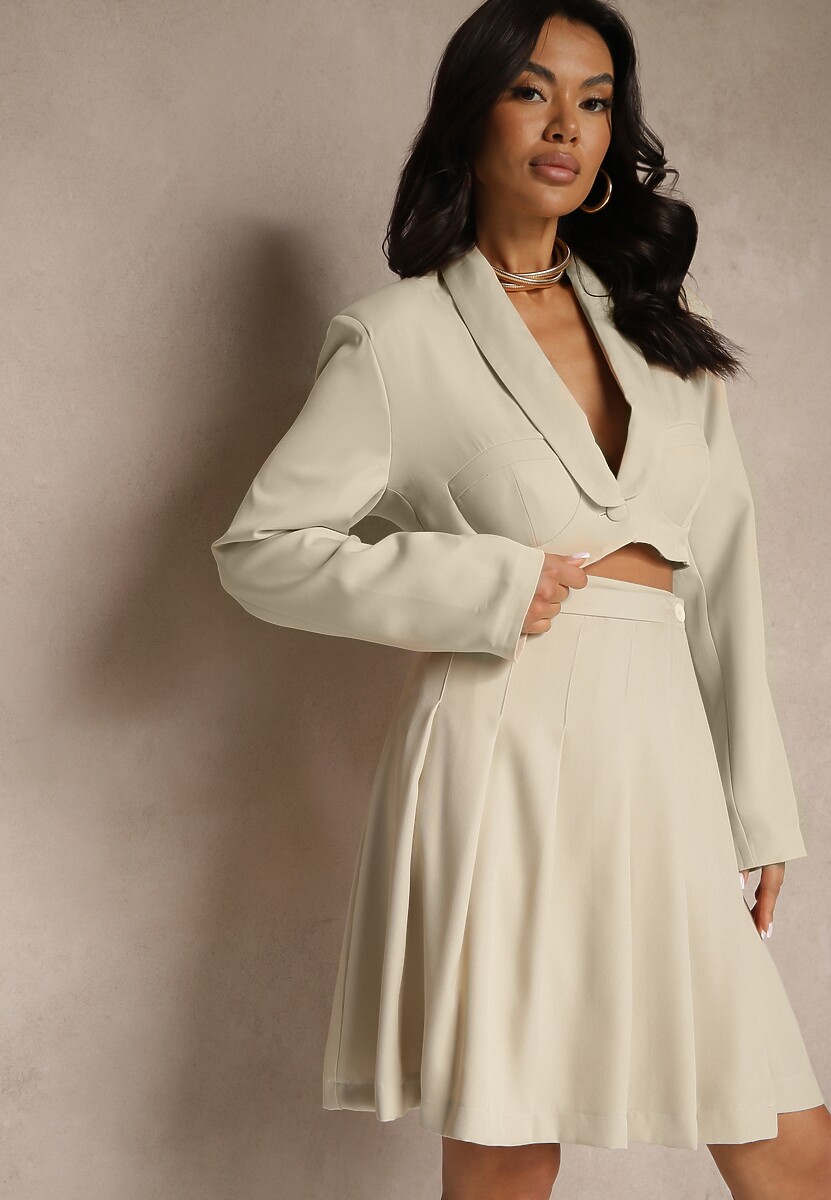 Beżowa Plisowana Spódnica Rozkloszowana o Kopertowym Fasonie Divonna