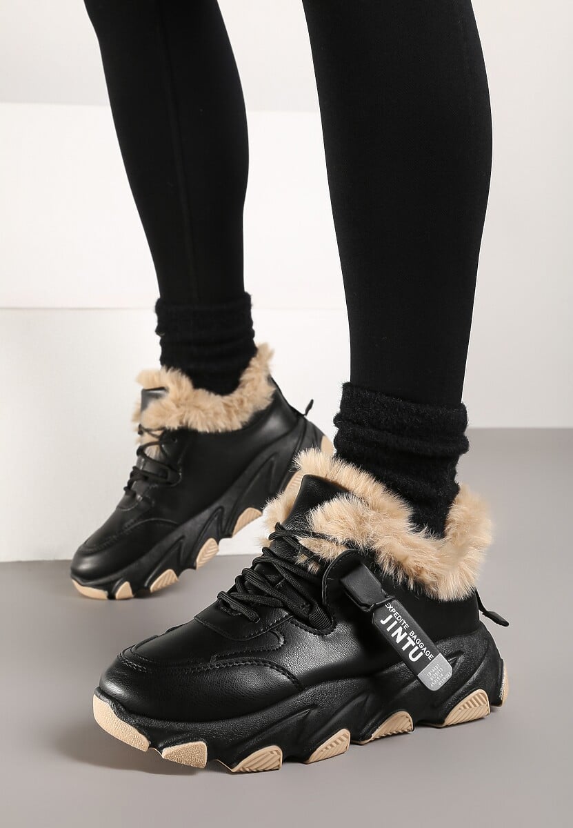 Czarne Sneakersy Przed Kostkę na Płaskiej Grubej Podeszwie z Ociepleniem ze Sztucznego Futerka Borrolla