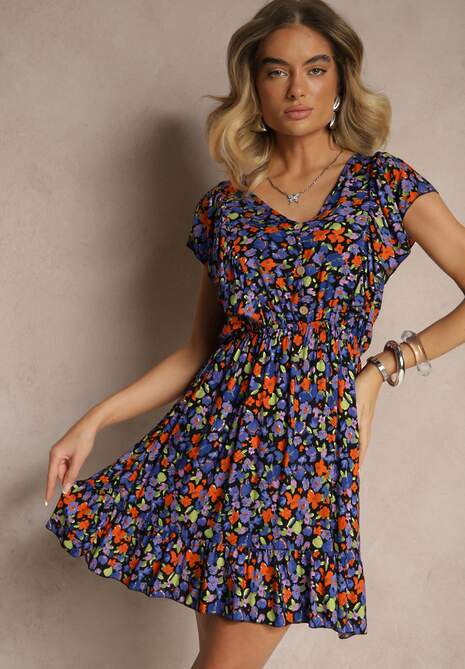 Granatowa Sukienka Bawełniana o Rozkloszowanym Kroju w Kwiaty z Falbankami Virlio