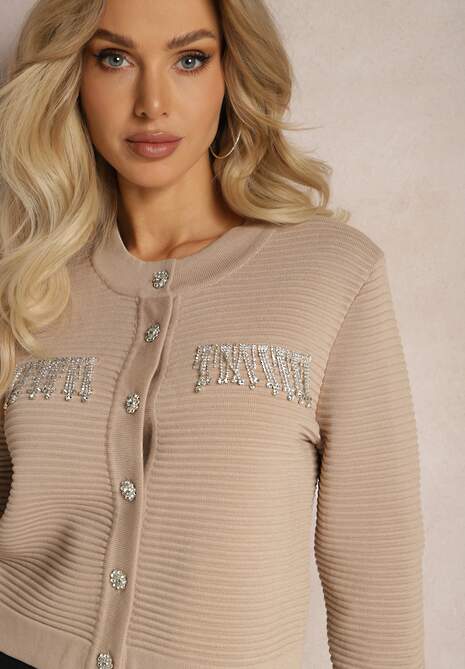 Beżowy Kardigan z Frędzlami Ozdobionymi Cyrkoniami i Guzikami w Kształcie Kwiatków Alinessa