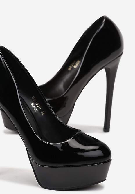 Czarne Czółenka na Wysokiej Szpilce i Platformie Lakierowane Welioha