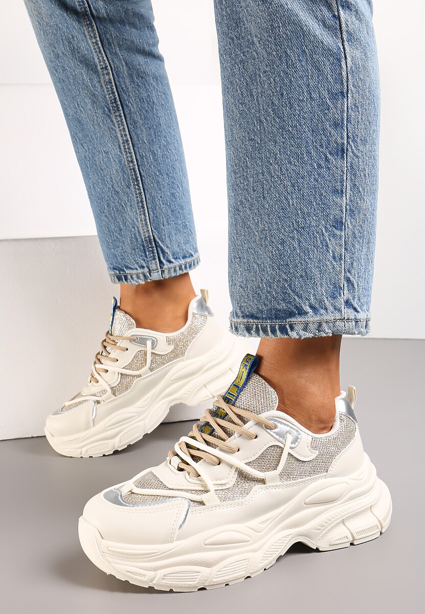 Złote Sneakersy na Grubej Podeszwie z Brokatem Giggsia