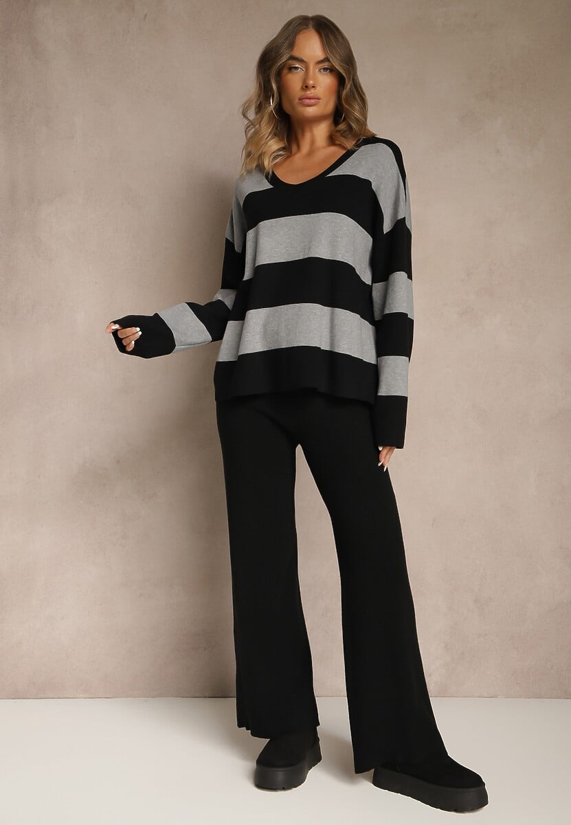 Szary Komplet z Dzianiny Spodnie Wide Leg i Sweter w Szerokie Pasy Falorella