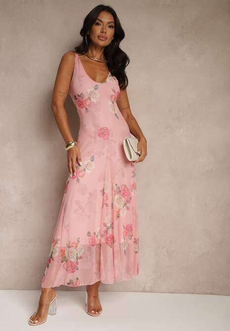 Różowa Sukienka Siateczkowa w Kwiaty Milosea
