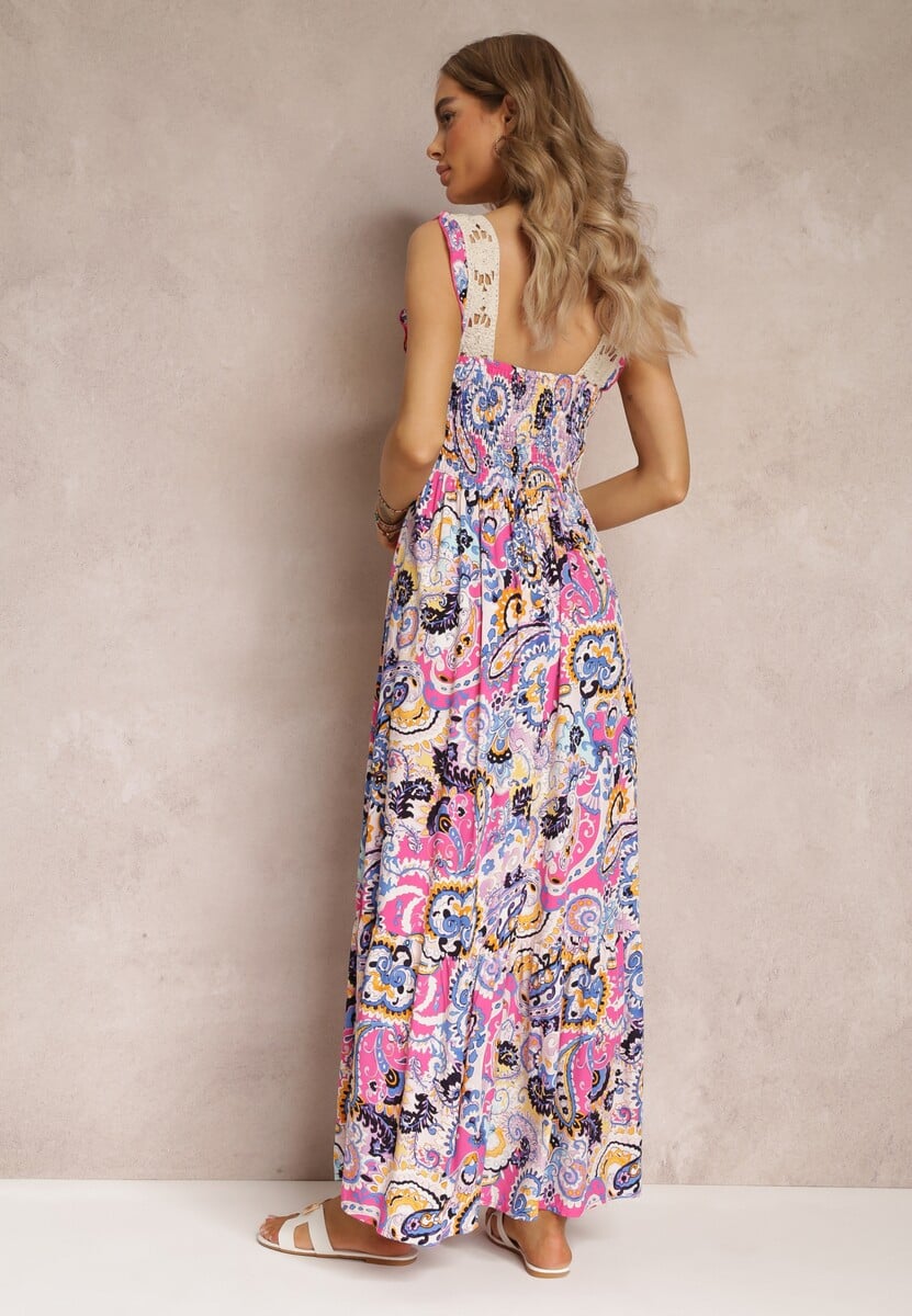 Fuksjowa Rozkloszowana Sukienka Maxi z Szydełkową Górą na Ramiączkach Kashan