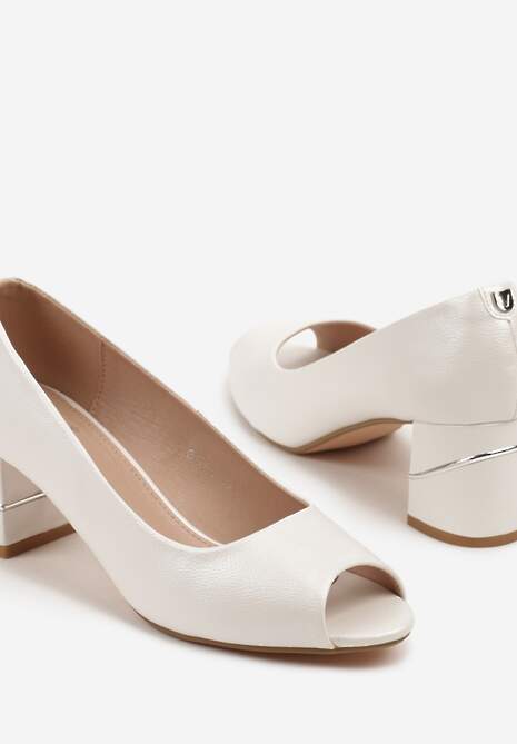 Białe Czółenka Peep Toe z Metaliczną Lamówką na Obcasie Xalmio