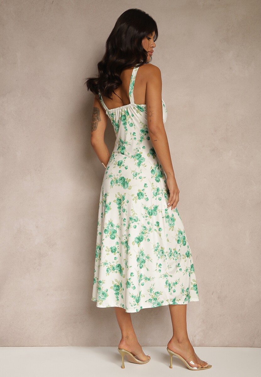 Biało-Zielona Sukienka w Kwiatowy Wzór z Kwadratowym Dekoltem Firaseve