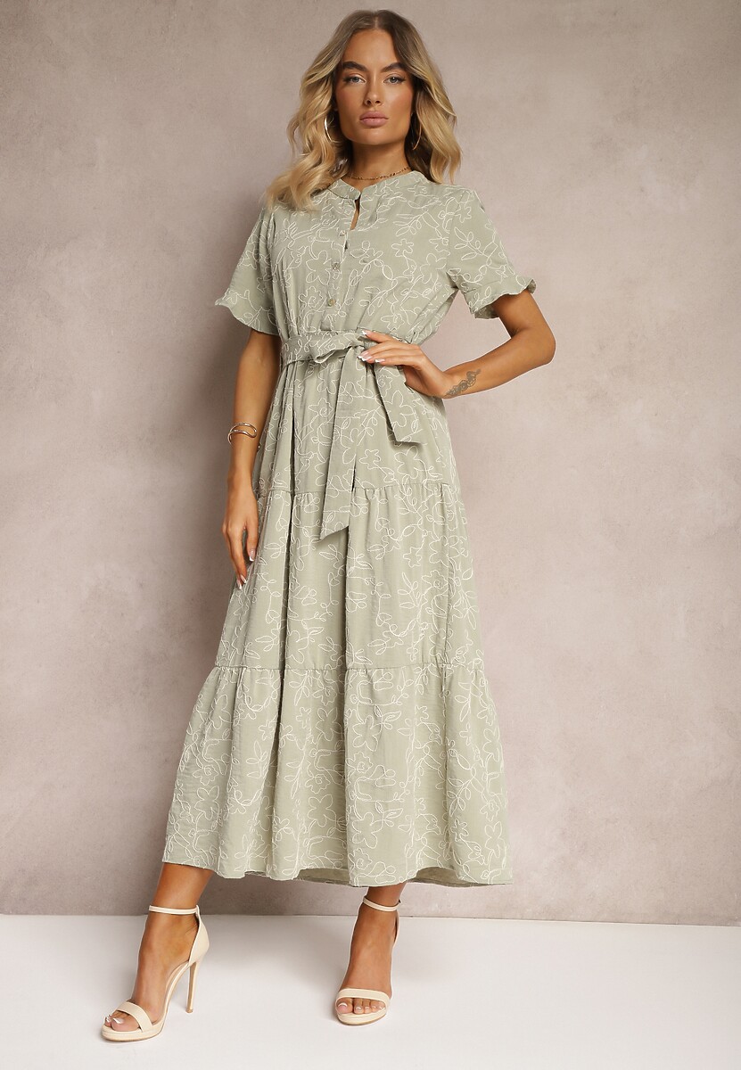 Zielona Sukienka o Rozkloszowanym Fasonie z Paskiem i Wiskozą Risarissa