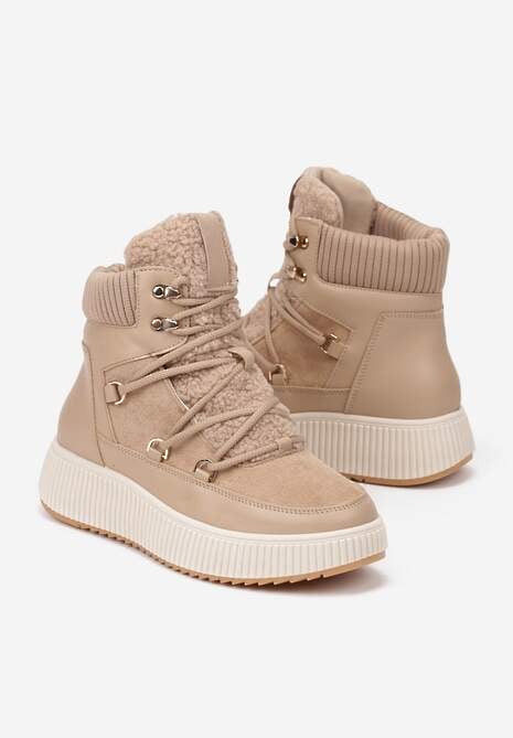 Ciemnobeżowe Śniegowce Trapery Vices na Płaskiej Podeszwie z Futerkiem w Stylu Baranka ze Sznurowaniem Temirits