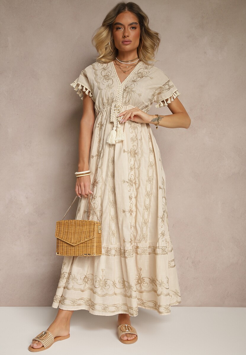 Beżowa Rozkloszowana Sukienka Boho z Bawełny z Chwostami Haftami i Metaliczną Nicią Divirna