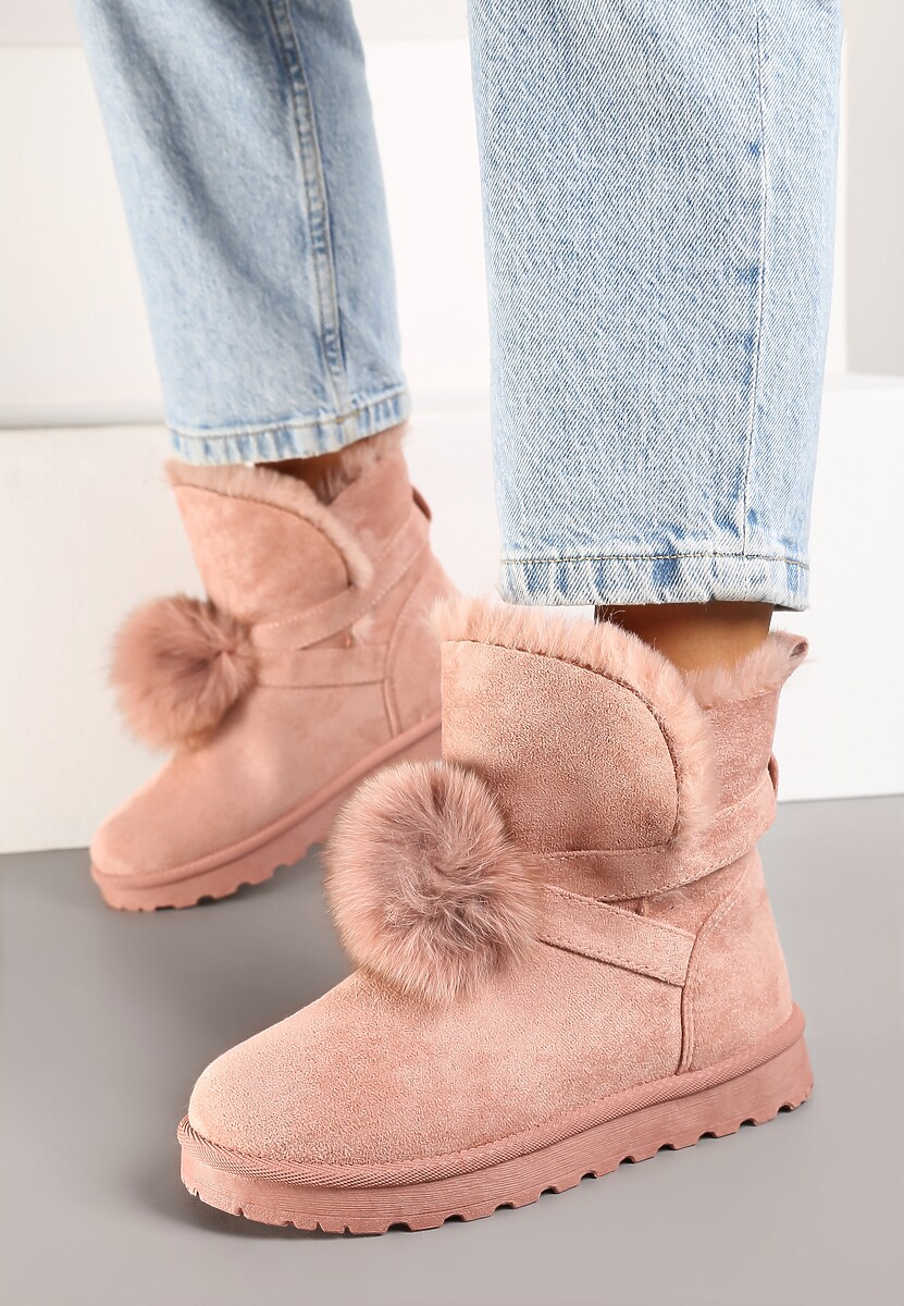 Różowe Śniegowce na Płaskiej Podeszwie z Pomponami z Futerka Seamira