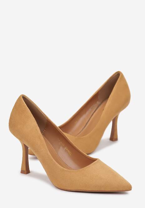 Brązowe Szpilki ze Szpiczastym Noskiem z Imitacji Zamszu Remeva