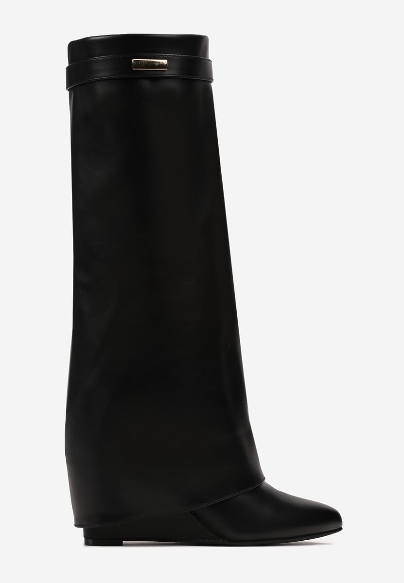 Czarne Wysokie Kozaki z Wywiniętą Cholewką na Koturnie Mistico