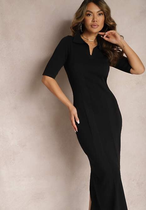 Czarna Dopasowana Sukienka Wykończona Kołnierzykiem Komoria