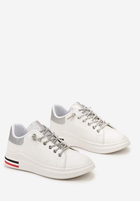 Biało-Srebrne Sneakersy Ozdobione Brokatem z Cyrkoniami na Sznurowadłach Nilena