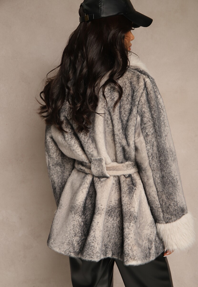 Beżowa Kurtka Futerko z Wiązanym Paskiem i Szerokim Kołnierzem Coverra