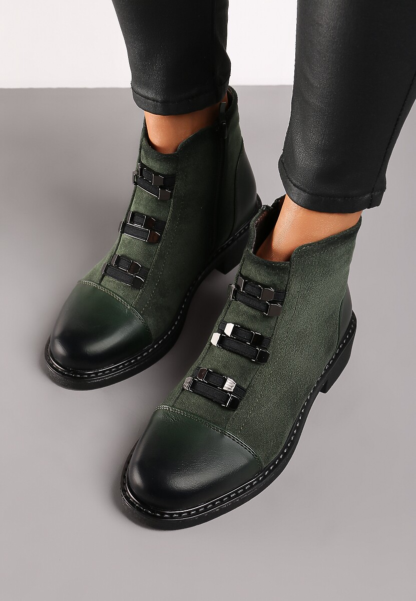 Zielone Płaskie Botki Ozdobione Metalowymi Aplikacjami Cetirra