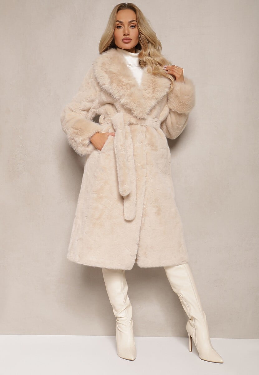 Biały Futrzany Płaszcz z Wiązanym Paskiem Ozdobnym Kołnierzem i Mankietami Viaressa