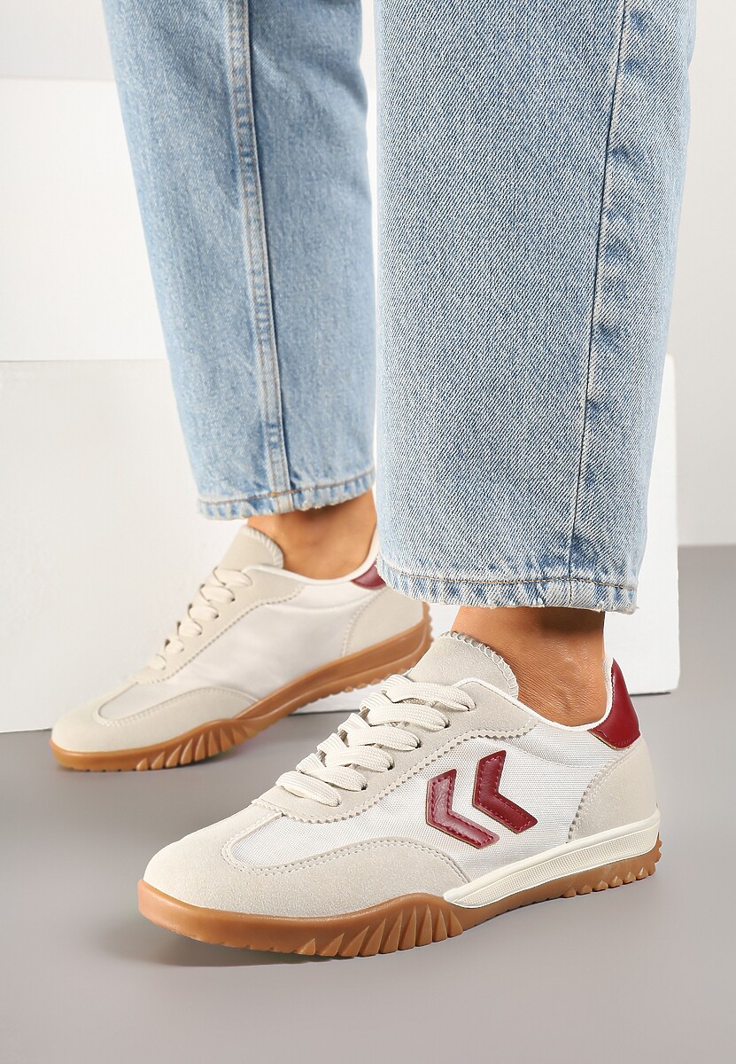 Beżowo-Czerwone Sneakersy Typu Kultowe Tenisówki Zdobione Przeszyciami Mepenna