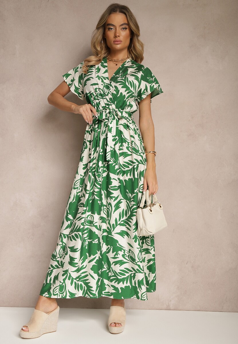 Zielona Wiskozowa Sukienka Kopertowa o Rozkloszowanym Kroju z Paskiem Rerriana