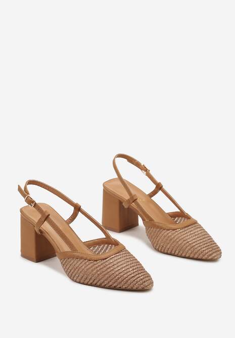 Brązowe Czółenka w Szpic na Kwadratowym Słupku z Ażurową Cholewką Paviotta