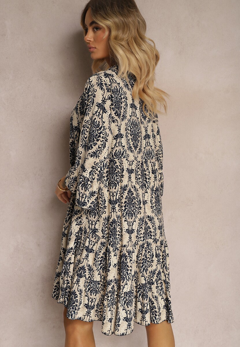Granatowo-Beżowa Sukienka z Bawełny o Rozkloszowanym Kroju Wykończona Falbanką Niloa