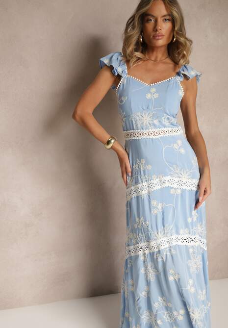 Niebieska Rozkloszowana Sukienka z Wiskozy z Haftami Lumirieve