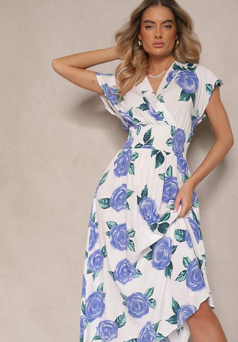 Niebiesko-Biała Kwiatowa Sukienka z Bawełną i Kopertowym Dekoltem Tdivaria