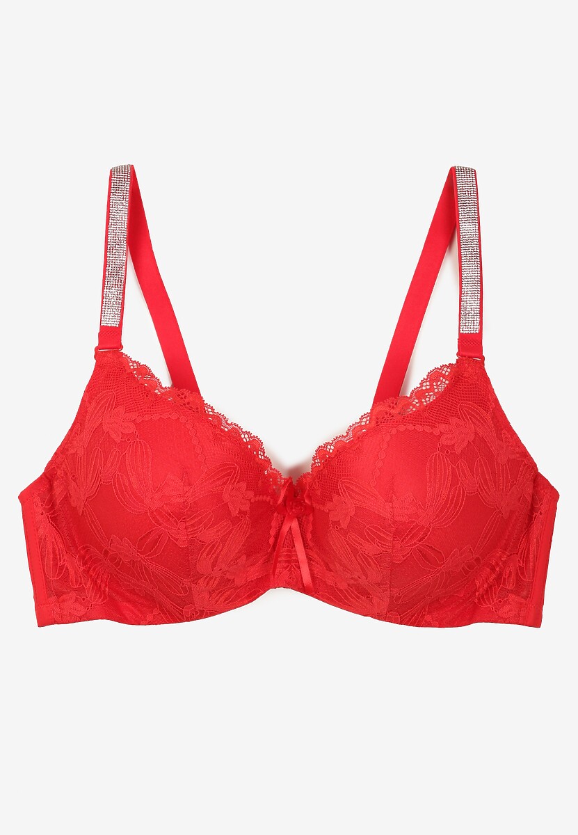 Czerwony Biustonosz z Dodatkowymi Paskami Zdobiony Koronką i Cyrkoniami Ollimi