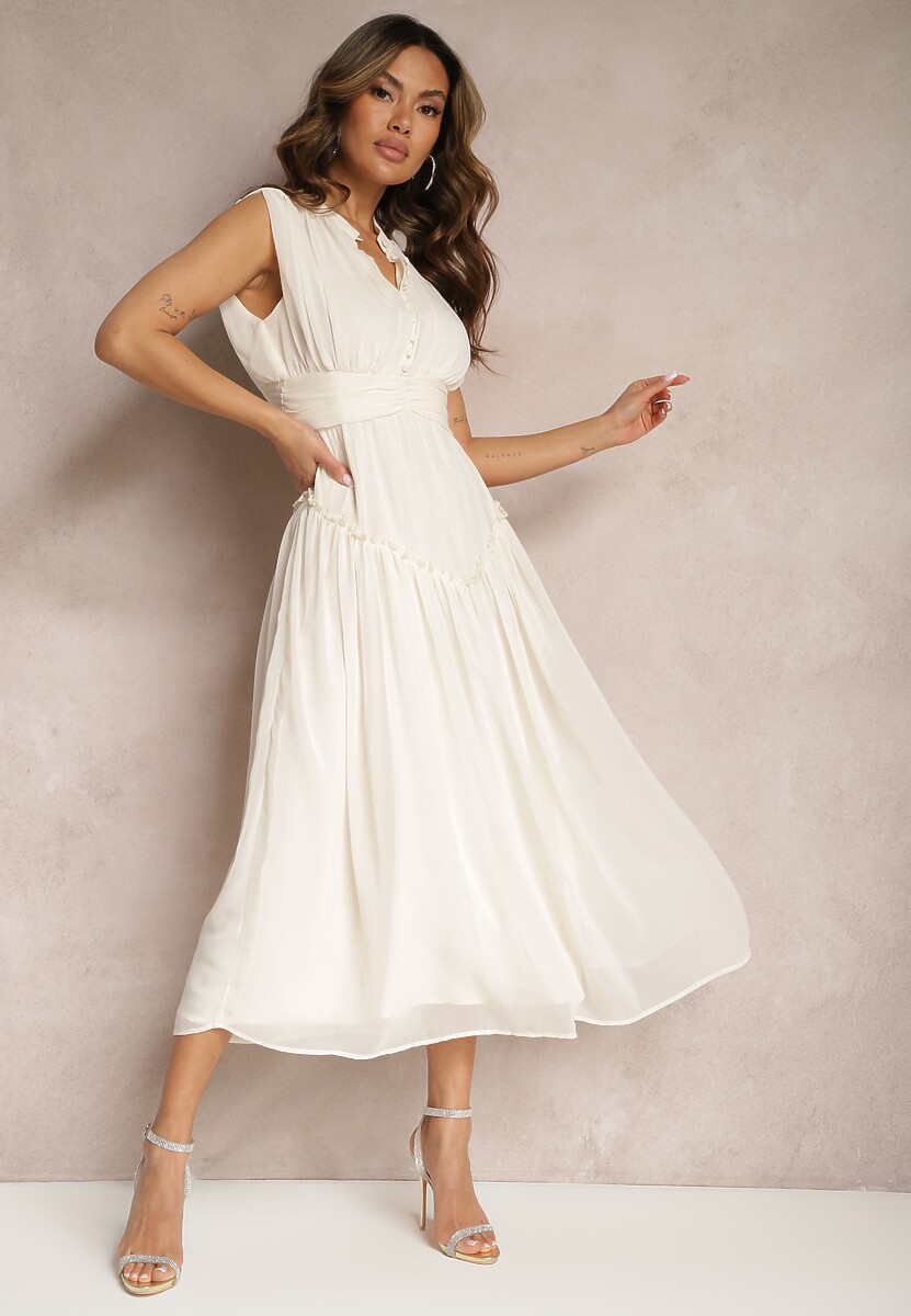 Jasnobeżowa Rozkloszowana Sukienka Długa z Guzikami o Taliowanym Fasonie Jovitta