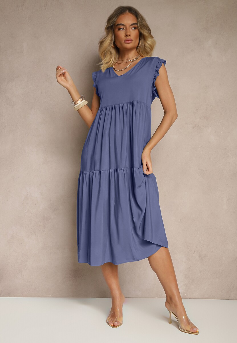 Niebieska Sukienka z Bawełny z Falbankami Hirlio