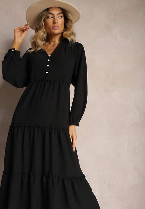 Czarna Rozkloszowana Sukienka Maxi z Falbankami i Kołnierzykiem Rehtima