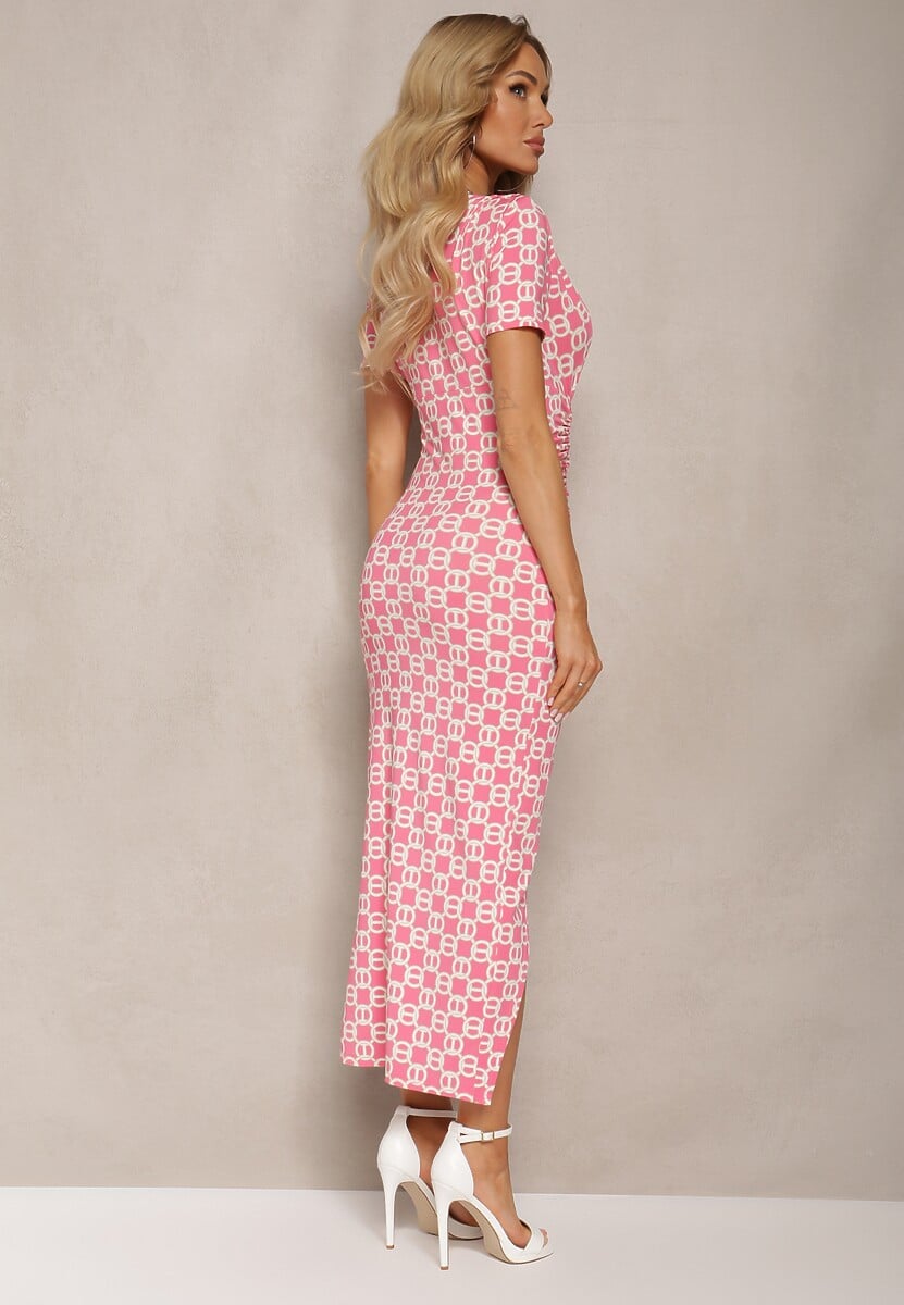 Różowa Sukienka Bodycon z Kopertowym Dekoltem Rozcięciem i Subtelnym Drapowaniem Zaleatie