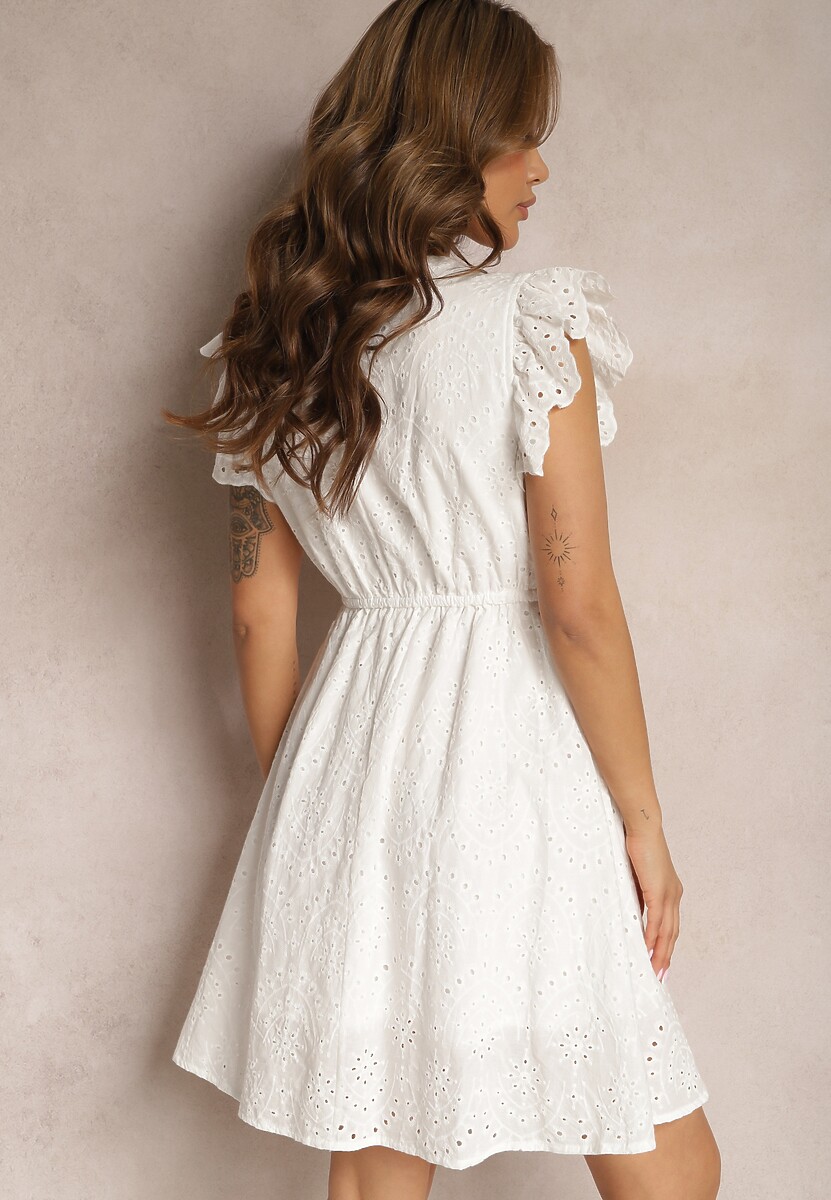 Biała Haftowana Sukienka Bawełniana o Rozkloszowanym Fasonie Laquita