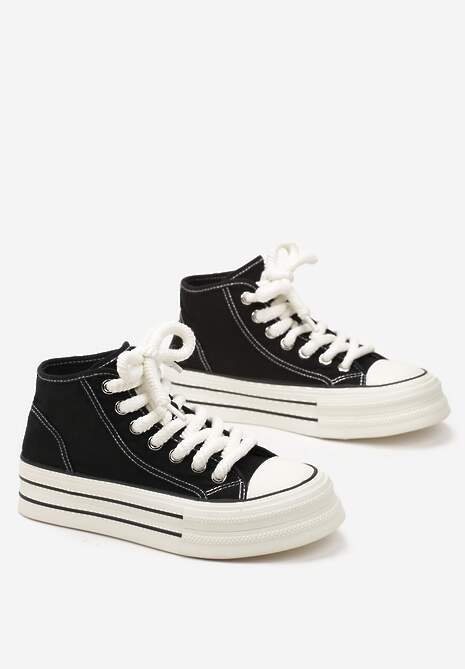 Czarne Trampki za Kostkę na Grubej Podeszwie Lisei