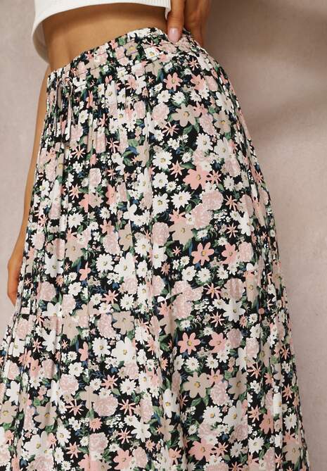 Czarno-Różowa Bawełniana Spódnica Maxi z Troczkiem i Printem w Kwiaty Yibji