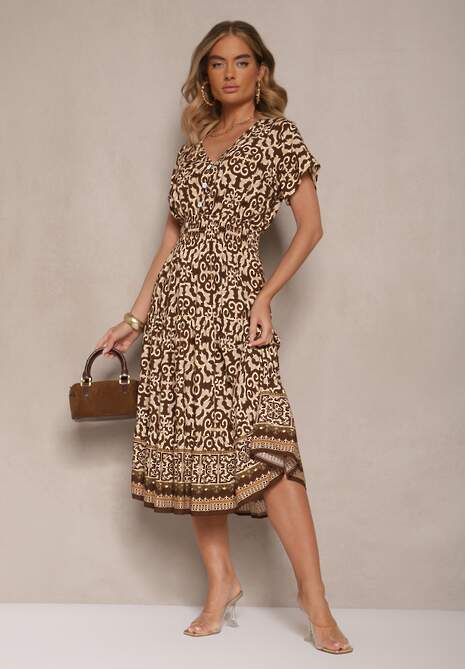 Brązowa Sukienka z Bawełny z Trójkątnym Dekoltem i Gumką w Talii Zapinana na Guziki Lavlea