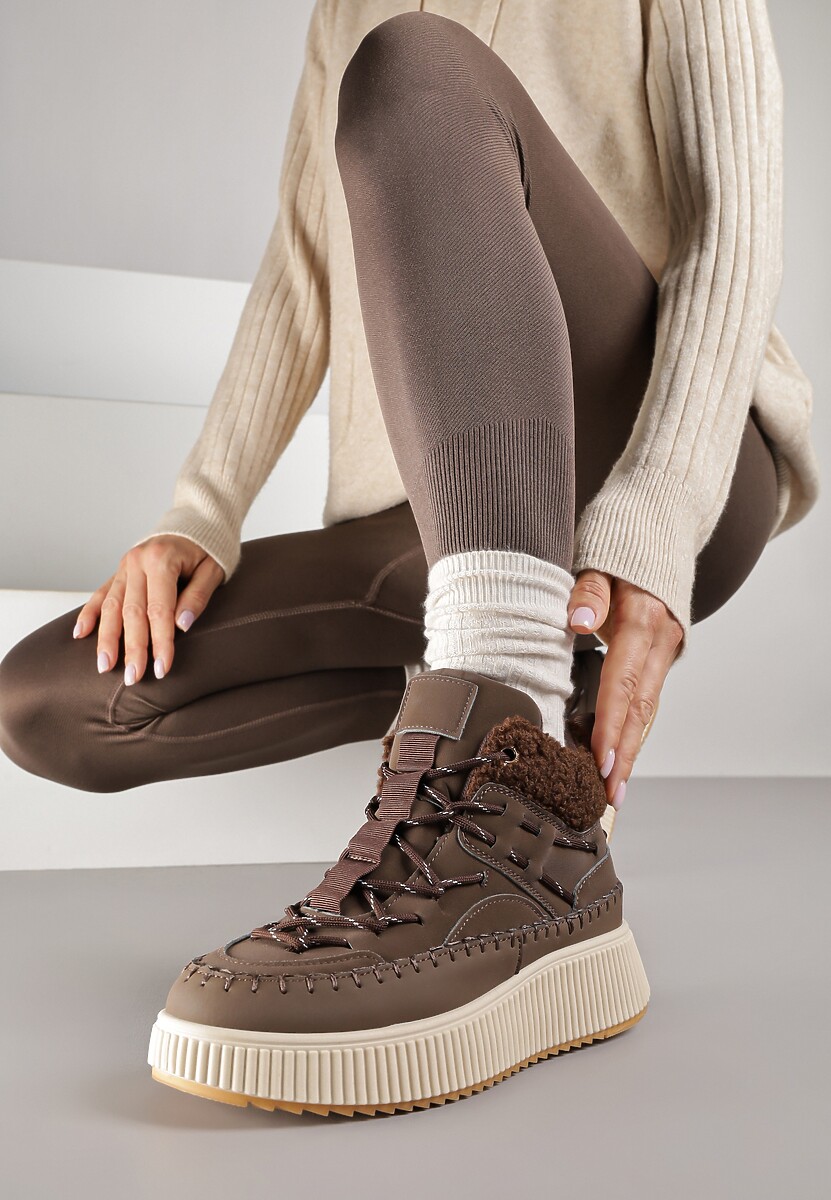 Beżowe Śniegowce Traperki Vices z Futerkiem Typu Baranek i Platformą Terivelle