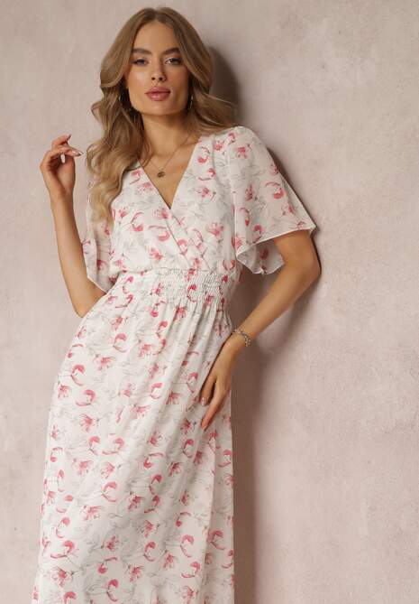 Biała Rozkloszowana Sukienka z Elastyczną Gumką w Pasie Matalie