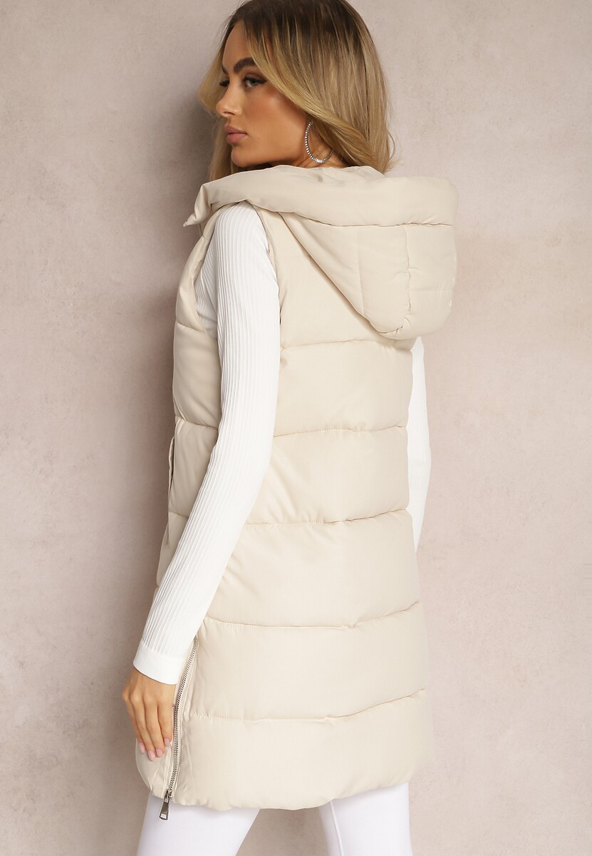 Jasnobeżowa Pikowana Kamizelka z Kapturem i Napami Dinesta