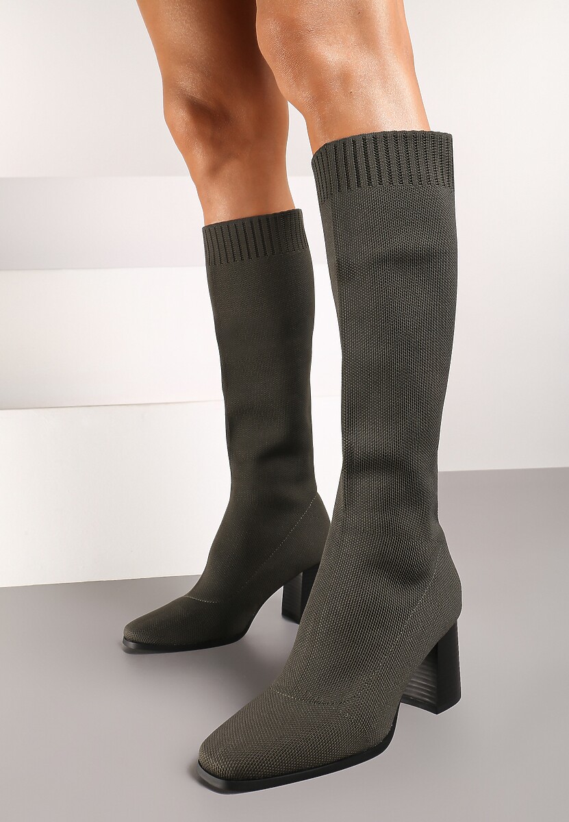 Zielone Kozaki na Słupku ze Elastyczną Cholewką Ellitra