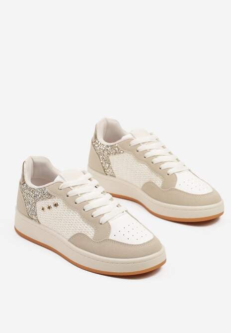 Beżowe Streetwearowe Sneakersy Zdobione Przeszyciami Neonisea